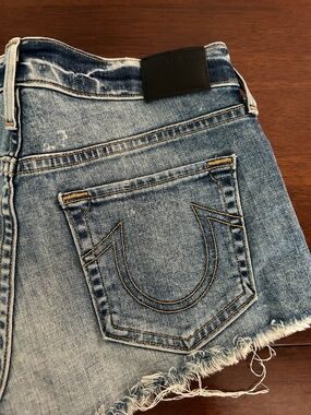 True Religion Low-Rise Cut-Off Shorts -Gold Sequin Distressed - Size